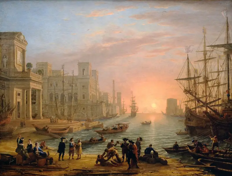 Port de mer au coucher du soleil, peintre paysagiste baroque, Claude Lorrain